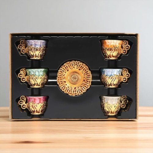 Alisveristime 12 Pc Turkish Greek Arabic Coffee Espresso Cup Saucer Porcelain Set (Gold)