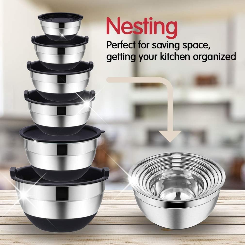 Rottay Mixing Bowls Set - 20PCS Stainless Steel Nesting Bowls with Airtight Lids & Grater Attachments | Non-Slip Bottoms