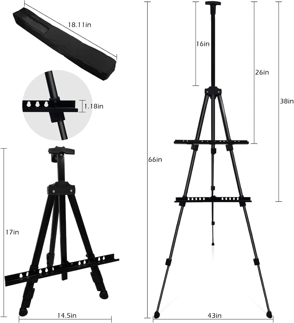 RRFTOK Easel Stand for Sign and Painting - Adjustable Metal Tripod Art Easel 17-66 Inch with Carry Bag | Black
