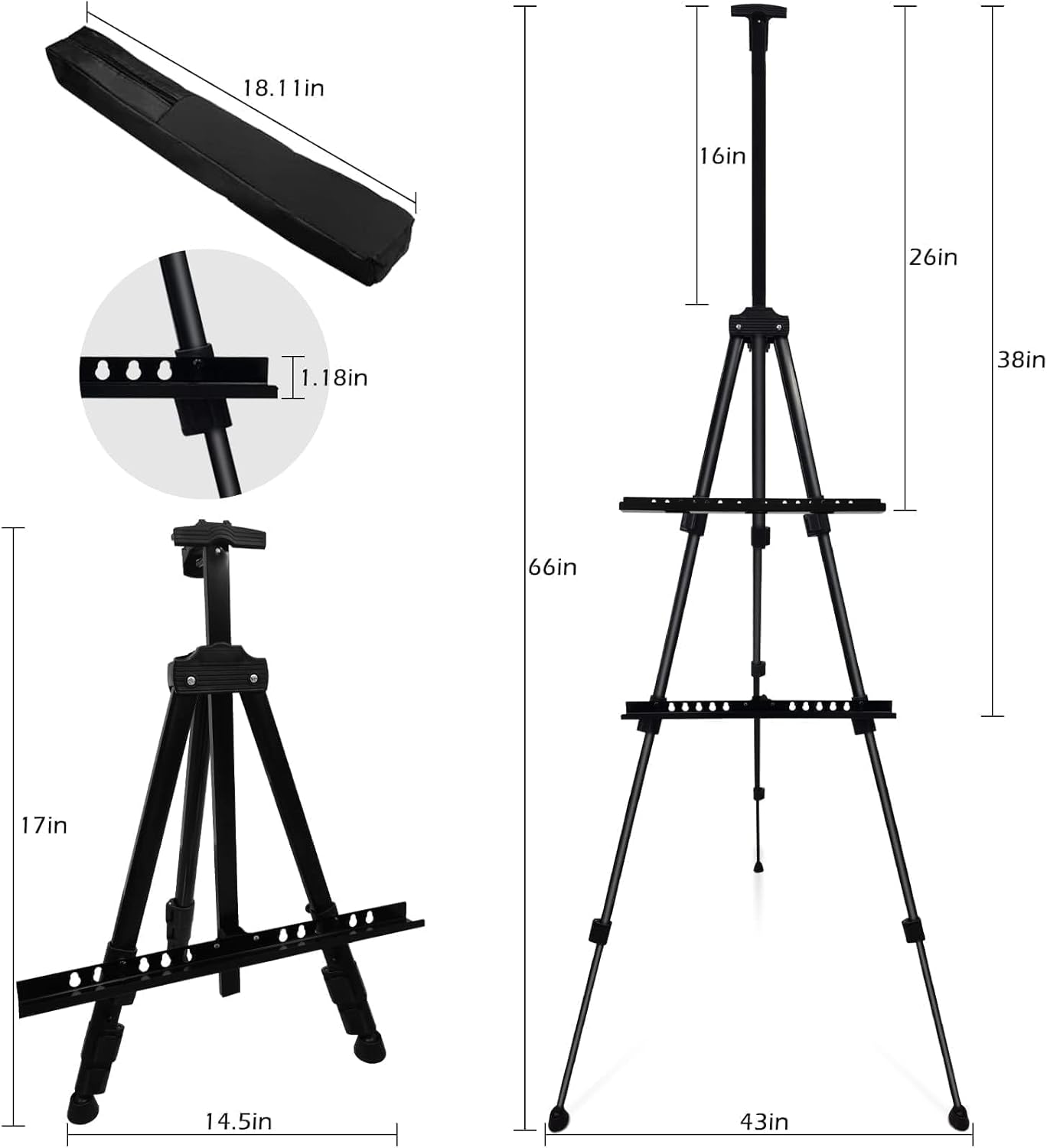 RRFTOK Easel Stand for Sign and Painting - Adjustable Metal Tripod Art Easel 17-66 Inch with Carry Bag | Black