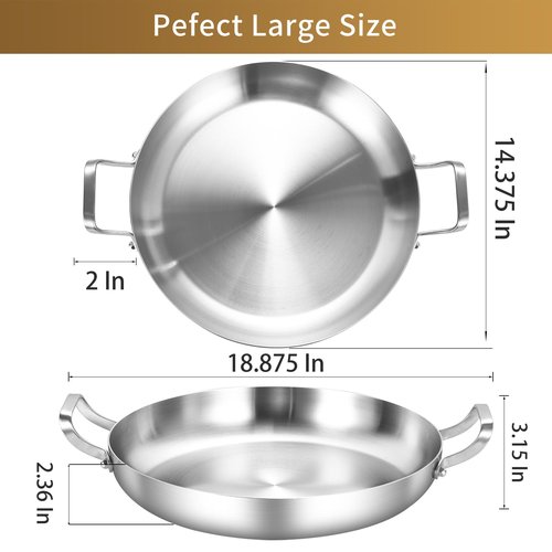 Inqibee 14-Inch Tri-Ply Stainless Steel Paella Pan,Large Skillet,Griddle Pan,Large Frying Pan,Jumbo Cooker,Induction Cookware,Dishwasher and Oven Safe.