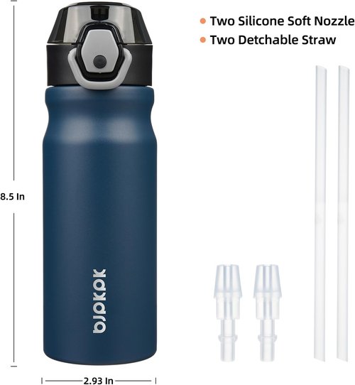 BJPKPK Insulated Water Bottle - 18oz Stainless Steel Flask with Straw & Carry Handle | Navy Blue