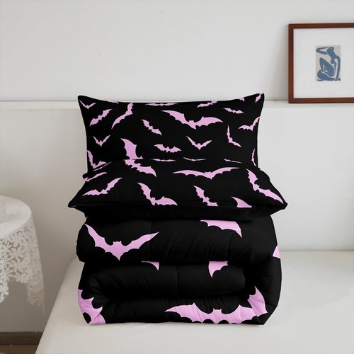 Erosebridal Halloween Bedding Set Full Size for Kids Boys Youth Pink Bats Comforter Set Happy Holiday Gothic Quilt with 2 Pillow Cases Spooky Animal Bedding Comforter Sets