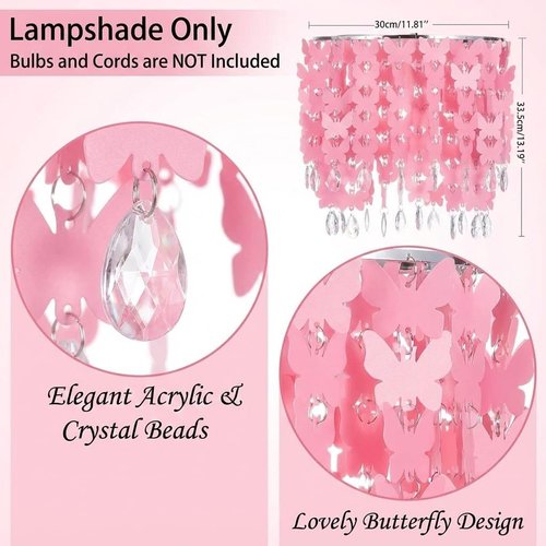 11.8" Butterfly Light Shade for Ceiling Pendant Light, Dreamy Lightshade with Crystal Beads, Acrylic Chandelier Shades, Crystal Lamp Shade with Star Light Effect for Girl’s Bedroom Decoration, Pink