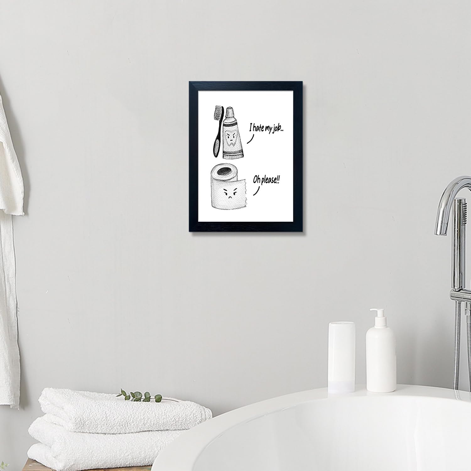 Regine Switzerland Kids Bathroom Wall Decor - Framed Black and White Print with Funny Toilet Paper & Toothbrush Artwork