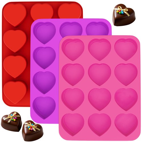 3 Pieces Heart Silicone Molds 12 Cavities Chocolate Mold Non-Stick Silicone Heart Shaped Mold Baking Valentines Molds for Making Soap Chocolate Jelly Candy (Red, Purpel, Pink)