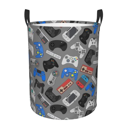 Jbofyee Video Game Grey Background Laundry Hamper Bag With Waterproof Liner - Gaming Theme Round Laundry Basket Foldable Clothes Storage Organizer For Bathroom Bedroom Nursery Dorm, S-16.5"X 13.8"