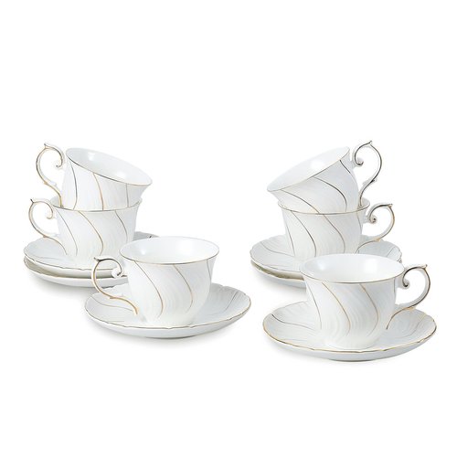 Agyiuns Tea Cups Set Of 6, Tea Cup And Saucer Set,6oz for Tea,Coffee, Latte, Cafe Mocha, Porcelain Tea Party Set (White with gold thread set of 6)