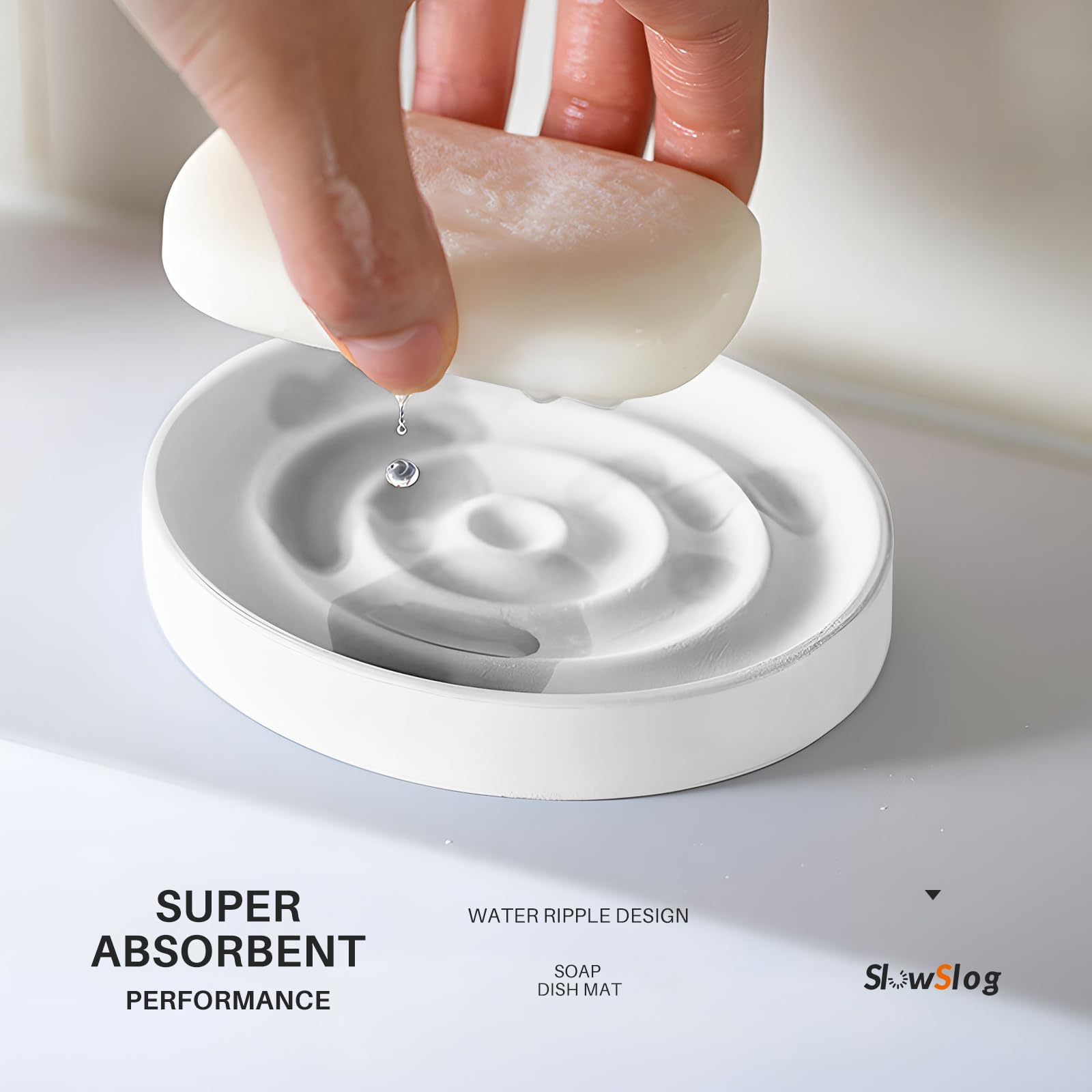 Slow Slog 2 Pack Diatomite Soap Dish Holder, Quick Dry Stone Bar Holder, Water Absorbent Bath Dish Holder, Diatomaceous Earth Soap Tray for Hand Soap, Sponge Organizer, White