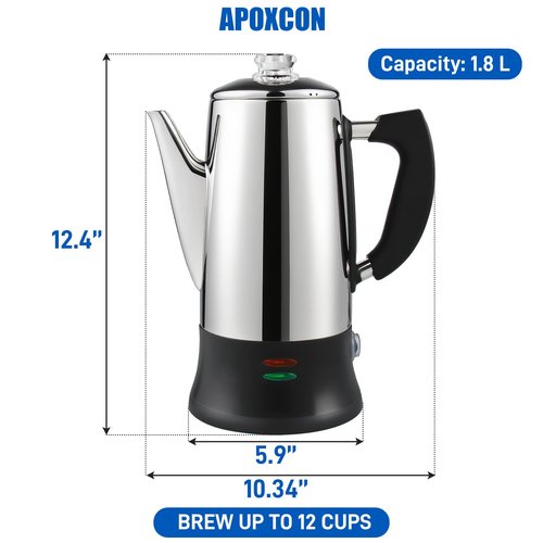 APOXCON Electric Coffee Percolator Stainless Steel Coffee Maker with Heat Resistant Tough Glass Clear Brew Progress Knob, Classic Coffee Pot with Keep Warm Cordless Serve Cool Touch Handle 12 Cup