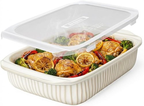 Artena Baking Dish - 5.1 Quart Casserole Pan With Handles | Deep Rectangular White Ceramic Bakeware