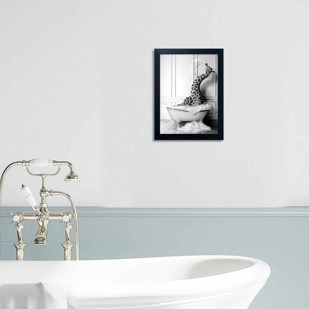 Skiennix Framed Animal Bathroom Wall Art - Funny Giraffe in Bathtub Canvas Print | Black and White Decor for Kids' Bathrooms