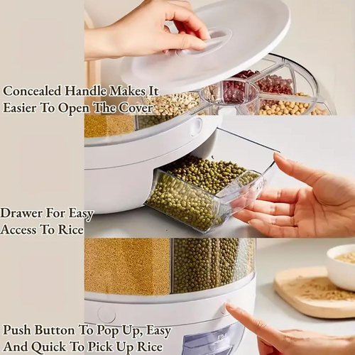 WYSYZJJ Rotating grain distributor, 6-grid large rice storage container for storing rice, beans and cat food, sealed and moisture-proof, large size.