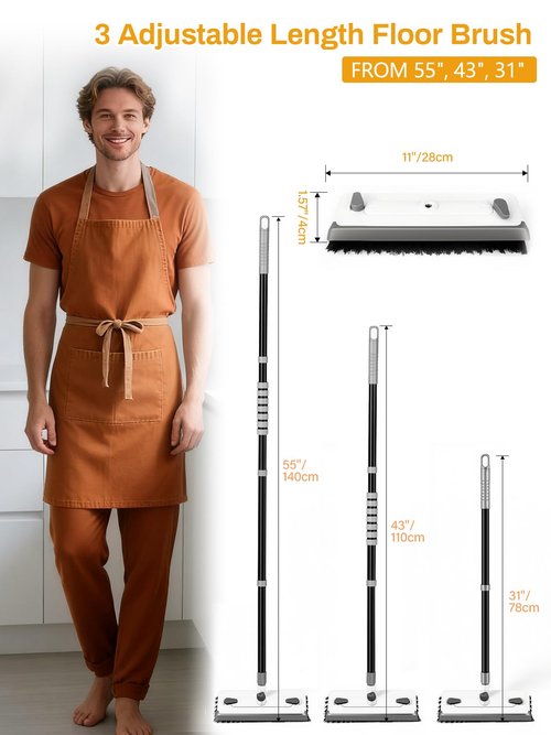 3 in 1 Floor Scrub Brush with Long Handle 55" Push Broom Stiff Bristle Scrubber Brush Squeegee Scrape & Detachable V-Grout Brush for Bathroom Kitchen Tile Deck Patio Garage Concrete Wall Cleaning Tool
