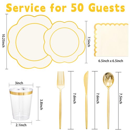 WONDERFUL 350PCS Ivory Plastic Plates for Party Plates Disposable Heavy Duty Ivory Gold Plastic Dinnerware Set for 50 Guests - 100 Disposable Plate,150 Silverware,50 Cup,50 Wedding Napkins for Wedding