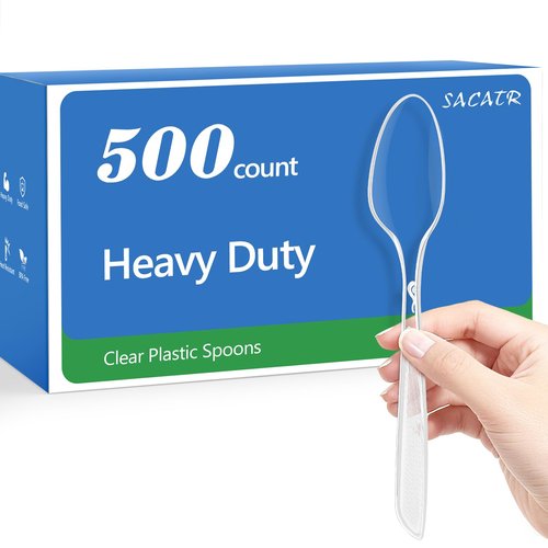 SACATR 500 Count Heavy Duty Clear Plastic Spoons,BPA-Free,Heat Resistant Disposable Plastic Spoons Bulk, Solid Durable Premium Cutlery for Parties, Events and Everyday Use