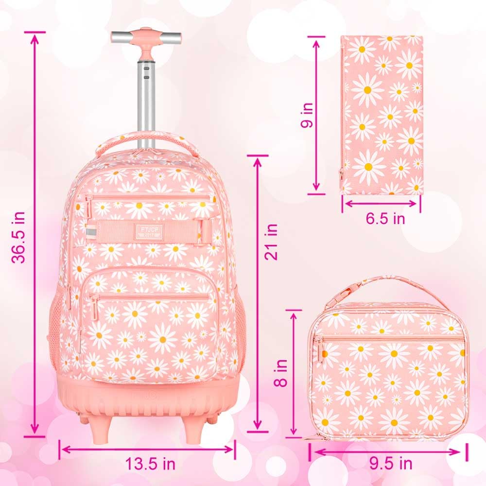 AGSDON Rolling Backpack for Girls, Women Roller Wheels Bookbag, Laptop Daisy Wheeled School Bag with Wheels for Teens