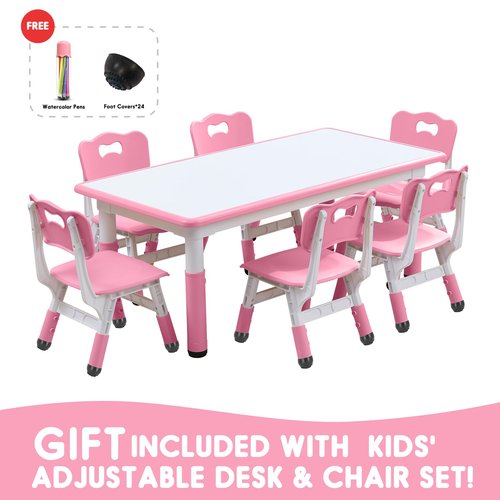 Kids Table and Chairs Set, Height Adjustable Desk With 6 Seats for Ages 3-12,Arts & Crafts Table,Graffiti Desktop, Non-Slip Legs, Max 300lbs, Children Multi-Activity Table for Classrooms,Daycares,Home