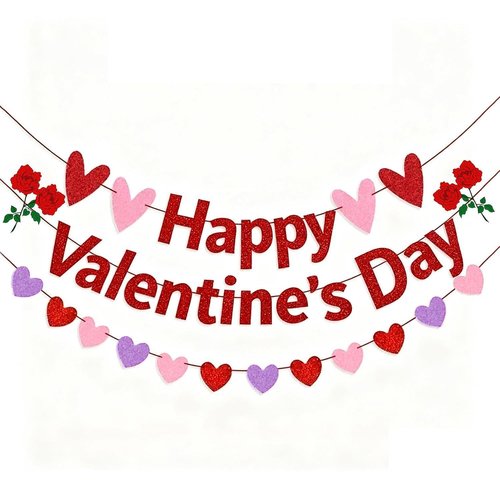 Pre-Strung Happy Valentine's Day Banner, Glitter Valentines Day Bunting Sign Decorations with Red Pink Purple Heart Garland for Indoor Home Wedding Engagement Anniversary Party Photo Backdrop Decor