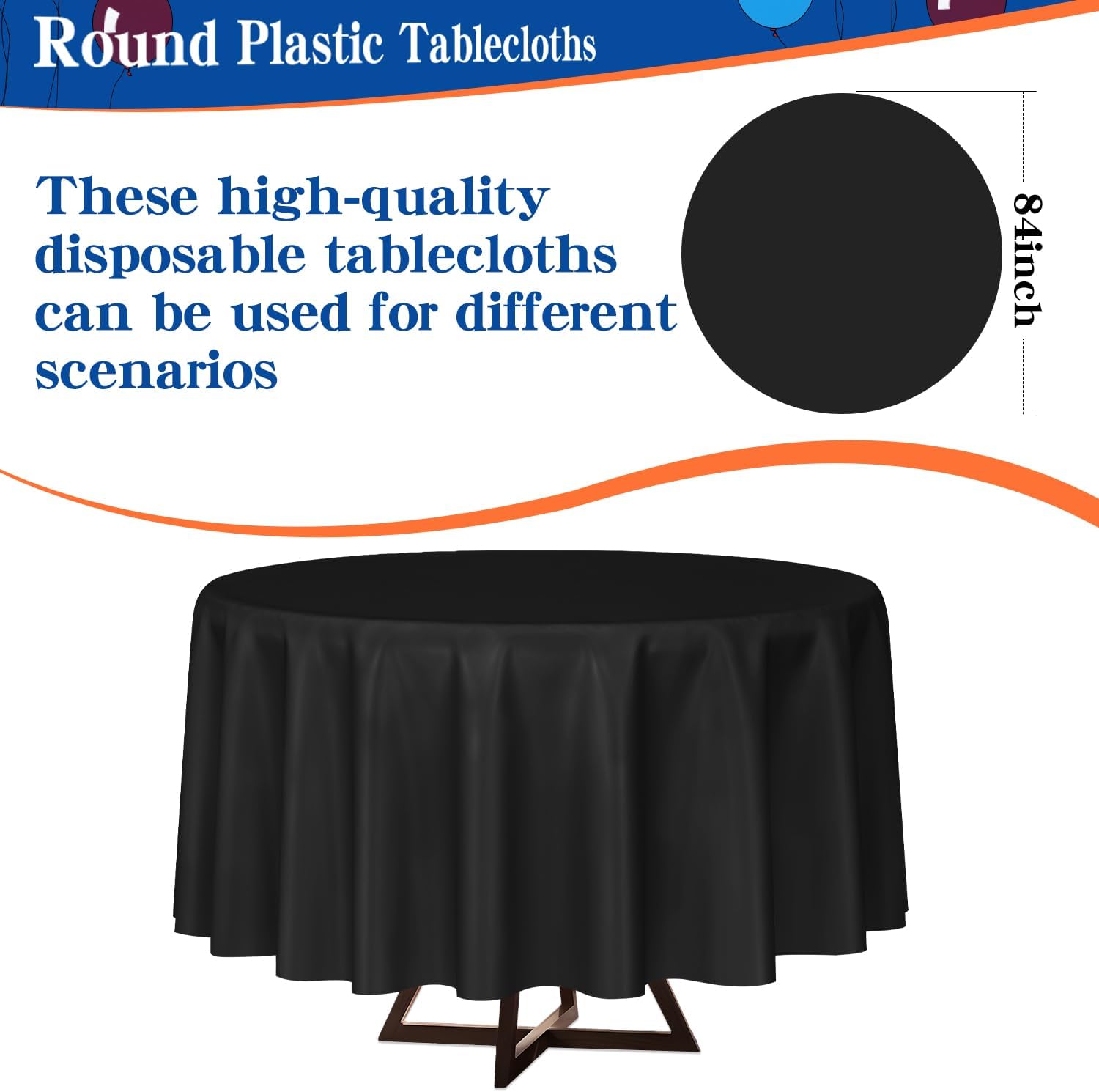 Skiennix 84-Inch Round Disposable Plastic Tablecloths - 12 Pack in Classic Black for Parties