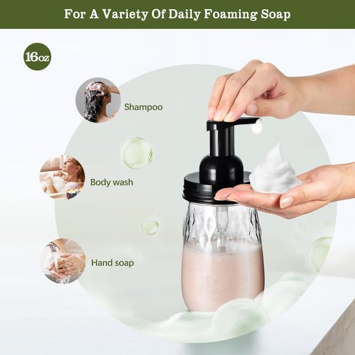 Amolliar 16Oz Foaming Soap Dispenser with Pump Lid, Plastic Refillable Foam Hand Dish Soap Dispenser Set, Clear Diamond Dispenser with Lable for Farmhouse Kitchen Bathroom (2 Pack, Black)