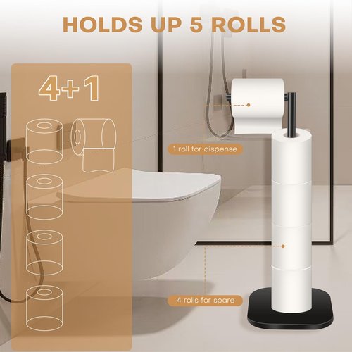 OGGZAQA Toilet Paper Holder Stand Freestanding, Matte Black Toilet Paper Stand for Bathroom, Stainless Steel Toilet Paper Roll Holder with Storage,Tissue Holder,Non-Slip,Rust Proof