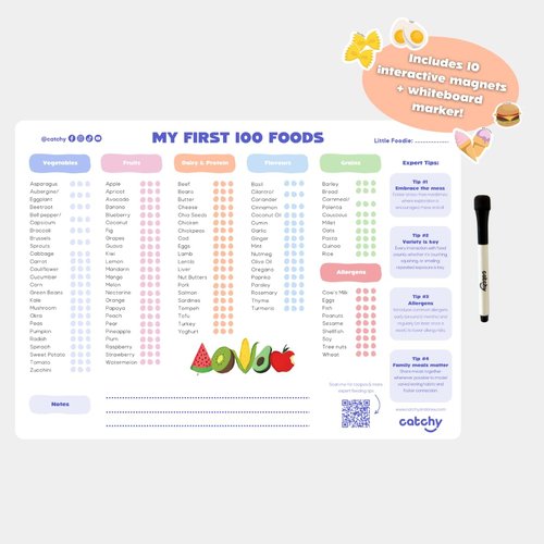 CATCHY - My First 100 Foods Tracker Set - 1 Magnetic Whiteboard Checklist, 10 Fridge Magnets + 1 Marker - Lists All Major Food Groups + Key Allergens - with Expert Tips - Reusable