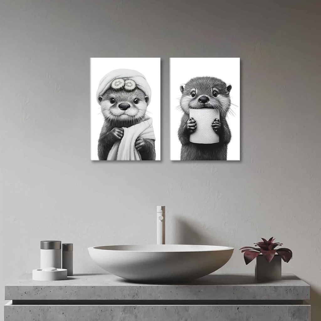 Skiennix Cute Otter Canvas Wall Art - Funny Black and White Bathroom Decor | 3-Piece Set