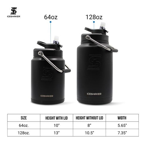 Ice Shaker Insulated Stainless Steel Half Gallon Water Jug | 64 oz, Black | Stays Cold for 60+ Hours | Multi-purpose lid | Odor-Free Outdoor Water Jug for Sports, Camping, Hiking, Working Out