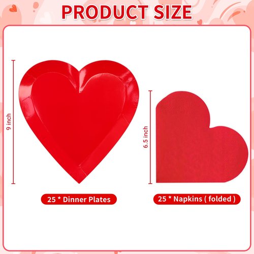 Valentine's Day Party Decorations, Disposable 9" Paper Plates and 3 Ply Napkins Heart Shaped Love for Wedding Engagement Valentine's Day, Bridal Shower, Mother's Day, Birthday Party, 50 Count / Red