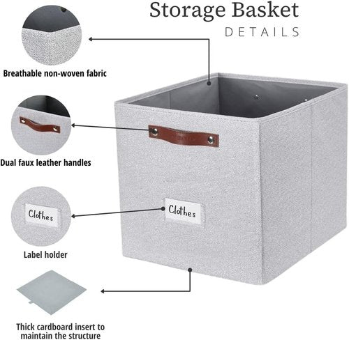 DECOMOMO Storage Baskets - 13x15x13 Cube Bins with Labels for Organized Shelves | Light Grey (4pcs)