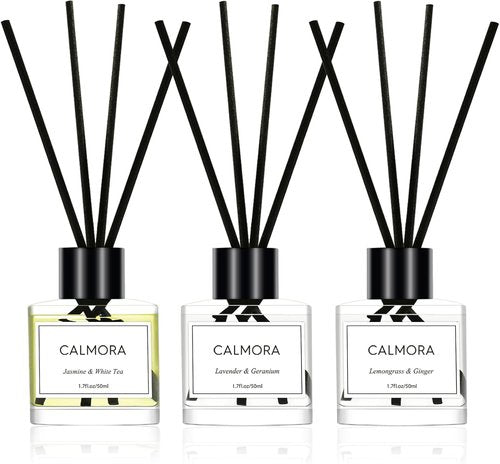 CALMORA Essential Oil Reed Diffuser Set - 3-Pack 50ml Flameless Room Air Freshener | Perfect for Bedroom & Bathroom