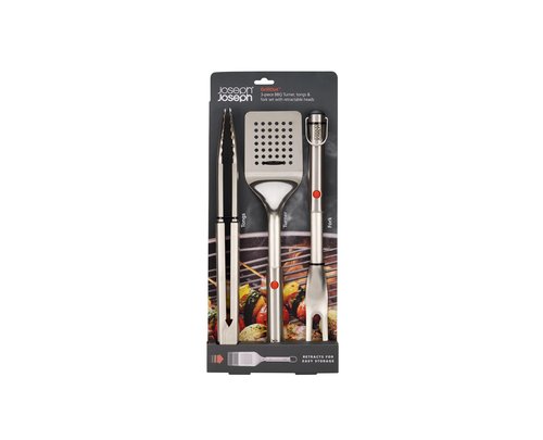 Joseph Joseph GrillOut 3-piece Stainless Steel BBQ Utensil Set, Turner, Tongs & Fork, Retractable for compact storage, Easy-clean