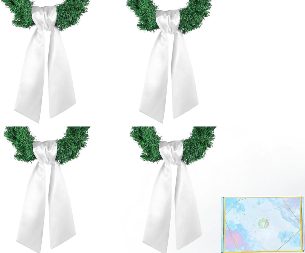 Skiennix 4 Pack White Wreath Sash - DIY Embroidery Satin Blank Accessories for Door Decor | Gift Box Included