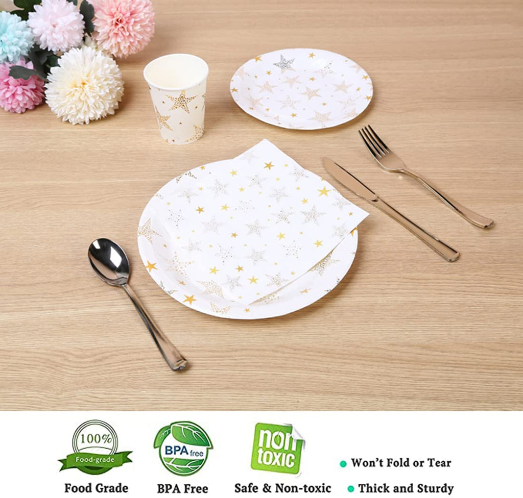 CONRADY 200 PCS Gold Star Disposable Party Dinnerware Set,25pcs Paper Plates, Dessert Plates, Paper Cups,Plastic Cutlery Set(Knives,Forks,Spoons) and 50pcs Napkins for Party Serves 25(Gold)