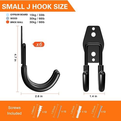 HUPBIPY Heavy Duty Garage Hooks - J Shaped Wall Mounted Tool Organizer | 6 Pack for Ladders, Bikes, and More