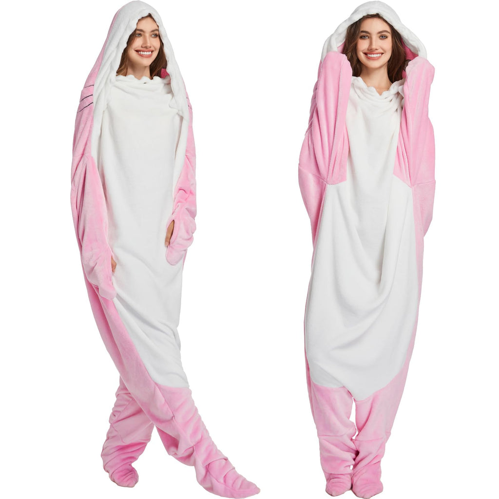 Shark Blanket Hoodie Onesie for Adult Kids, Cozy Flannel Throw Wearable Blanket, Cartoon Animals Shark Onesie Shark Costume (Pink, Large)
