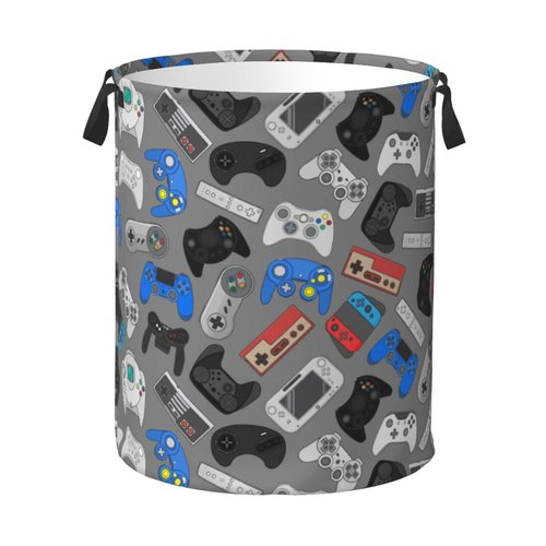 Jbofyee Video Game Grey Background Laundry Hamper Bag With Waterproof Liner - Gaming Theme Round Laundry Basket Foldable Clothes Storage Organizer For Bathroom Bedroom Nursery Dorm, S-16.5"X 13.8"