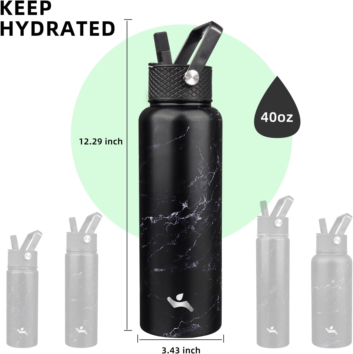 Skiennix 40oz Insulated Stainless Steel Water Bottle - Marble Blossom | 3 Versatile Lids Included