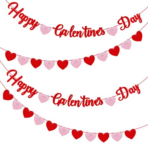 Happy Galentines Day Banner with Red Glitter and Pink Heart Garland Romantic Valentine's Decorations for Indoor and Outdoor Use Create Festive Atmosphere Love Theme