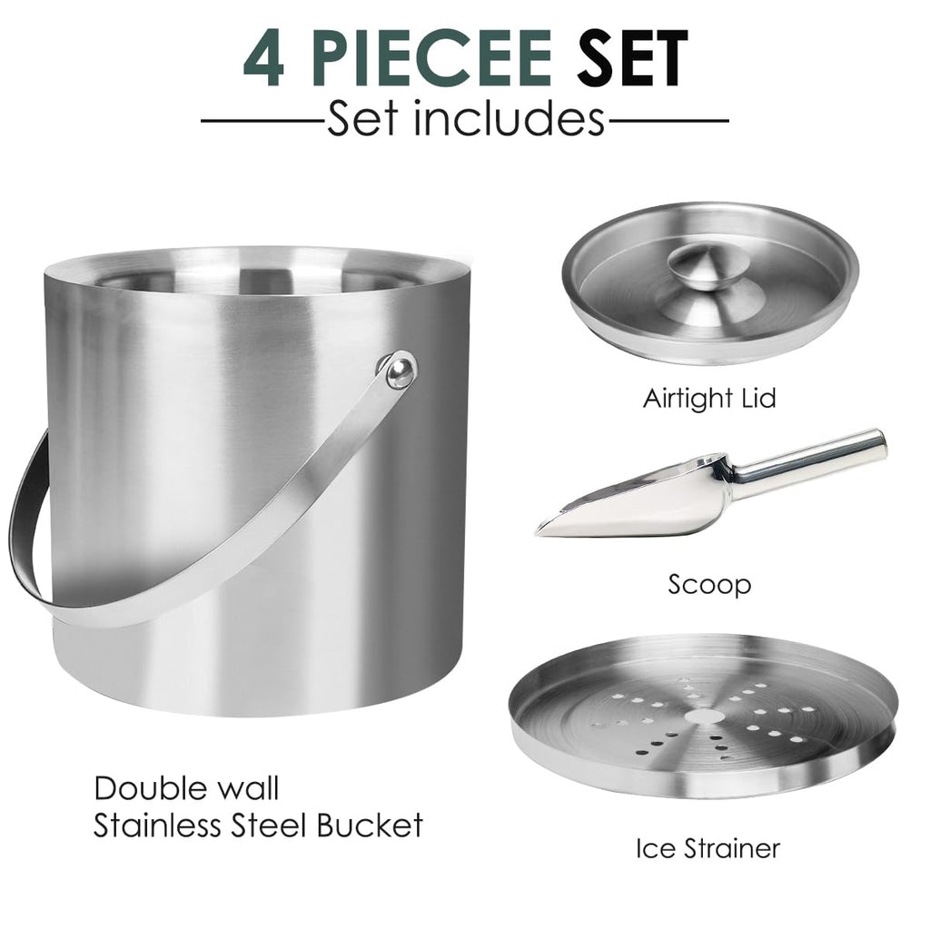 3L Double-Wall Insulated Stainless Steel Ice Bucket with scoop for Cocktail Bar - Metal Ice Bucket for freezer with Lid for parties, Camping,and More!champagne bucket,bar cart accessories (silver)