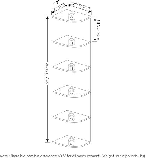 Furinno PASIR 5-Tier Corner Bookshelf - Open Shelf Bookcase for Organization & Storage | Blackwood Finish, 9.3 x 12 x 51.7