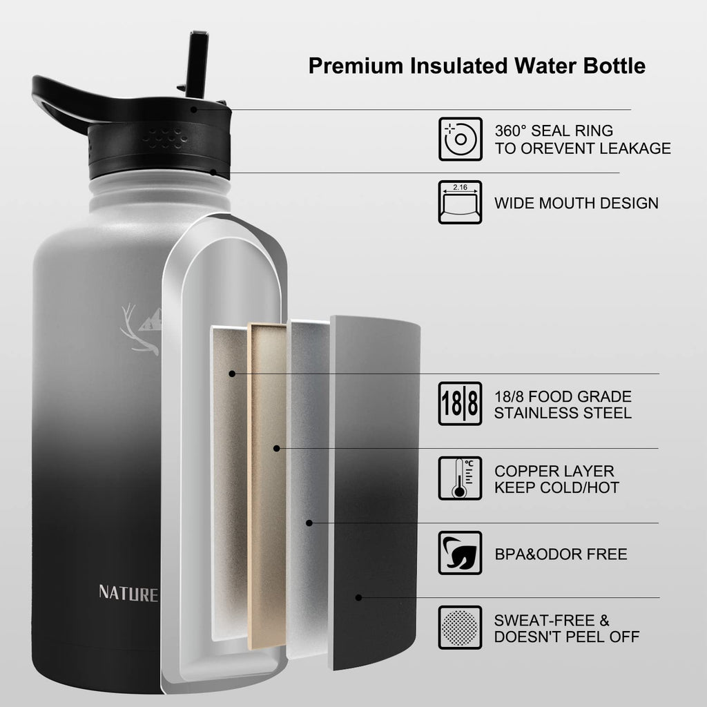 NATURE PIONEOR 64 oz Insulated Water Bottle - Double Vacuum Stainless Steel Half Gallon Water Bottle with Holder & 3 Leakproof, BPA Free Bottle Lid, 64oz Water Bottle for Hiking, Sport, Gym