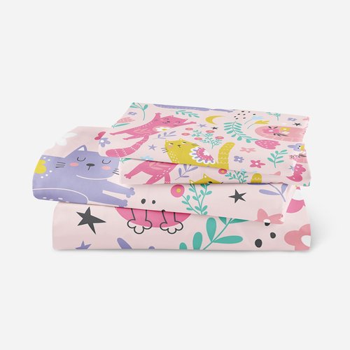 QOOMO Floral Cats Sheet Set,Kawaii Cats Kids Bed Sheets,Pink Floral 16" Deep Pocket Bed Sheet Set for Boys/Girls/Kids/Teens，4 Piece Sheet Set, 1 Fitted Sheet,1 Flat Sheet and 2 Pillowcases，Twin Size