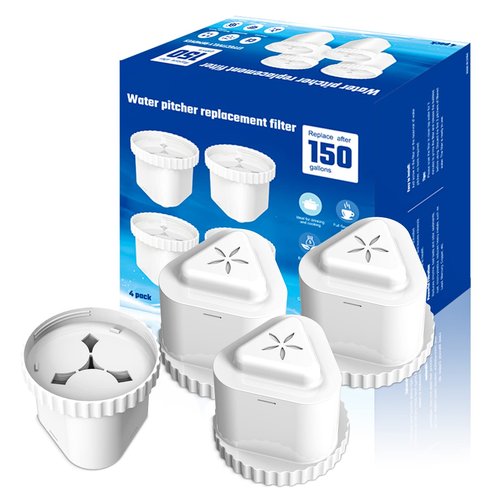 Water Filter Compatible with Epic Water Pitcher, Aquagear, Seychelle - 150 Gallon Filter Replacement, Removes Odors, Fluoride, BPA Free - 4 Pack