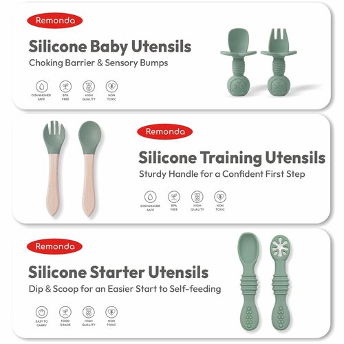 Remonda 23-Piece BPA-Free Silicone Baby Feeding Set | Extra Large Suction Plates, Toddler Bowls, Self Feeding Spoons, and More | Dishwasher Safe| Baby Led Weaning Supplies (Green) A2