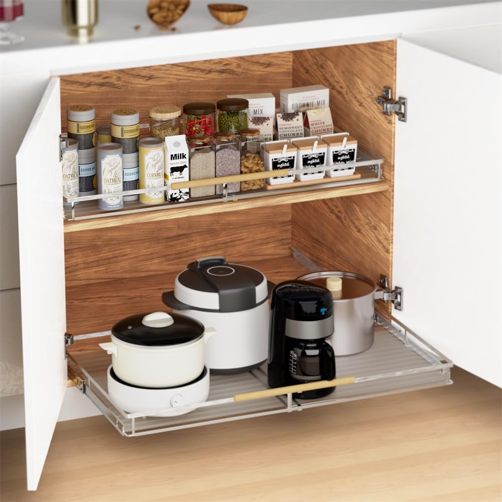 SANNO Slide Out Cabinet Drawer, Expandable Pull Out Cabinet Organizer,Bottom-Mounted Shelf for Kitchen Cabinet or Under Sink,Stainless Steel,Expandable Width 14.16" to 24.16"