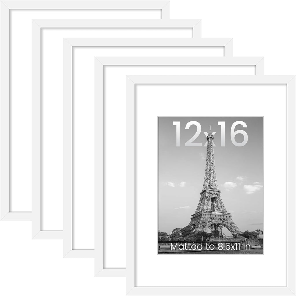 Upsimples 12x16 Picture Frame Set of 5 - Versatile Wall Gallery Frames for 8.5x11 or 12x16 Photos - White