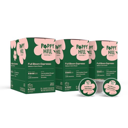 Poppy Hill Coffee | Full Bloom Espresso Single Cup B-Pods | Only Compatible with BRUVI Single-Serve Coffee Brewer | Includes 60 Pods