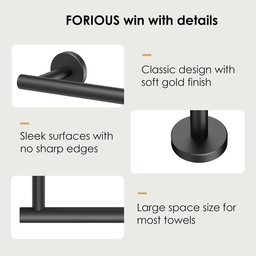 FORIOUS 24-Inch Black Towel Bar - Durable Stainless Steel Bathroom Rack with Wall Mounting Hardware